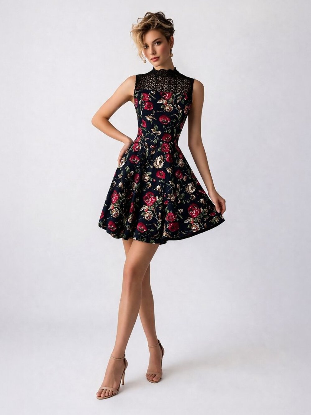 Esley M Navy Floral Lace Mock Neck Fit Flare Mini Dress Romantic Date Night